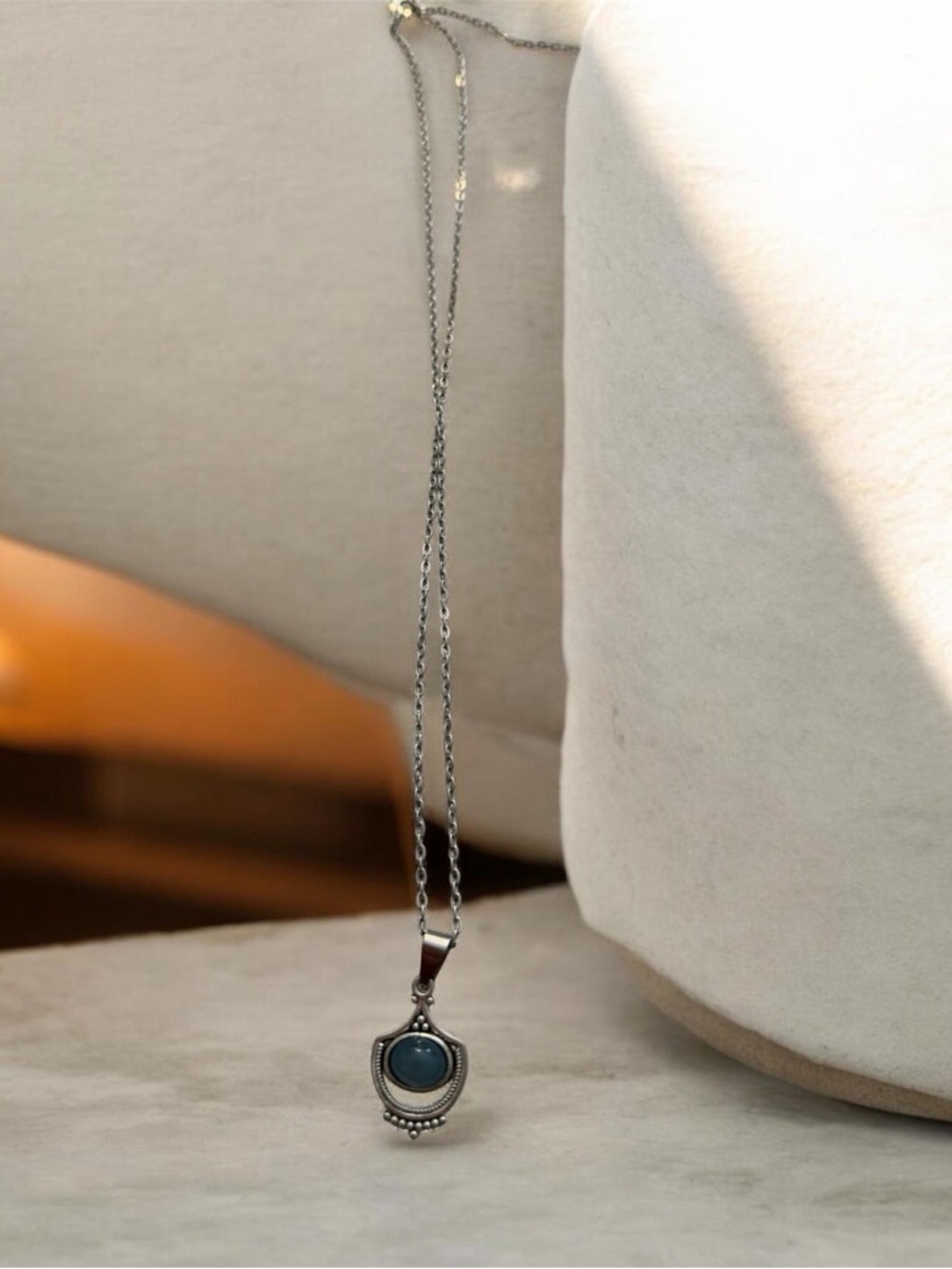 Boho Style Pendant Beaded W/blue-gray Cabochon Gemstone